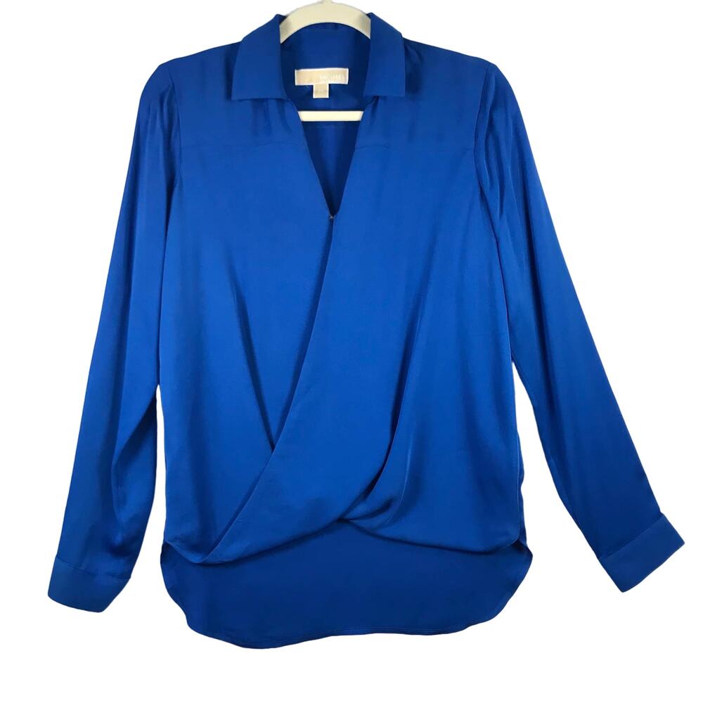 Michael Kors Blouse XS Blue Silk Wrap Drape Loose‎ Flowy Hi Lo Career Preppy